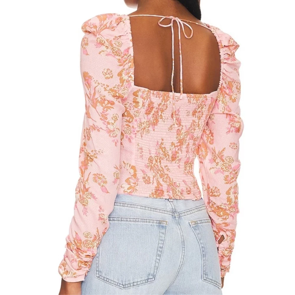 Free People Dusty Pink Floral Ruched Square-Neck Puff Sleeve Crop Top